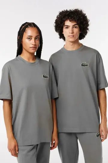 Unisex Loose Fit Large Croc Organic Heavy Tişört Gri